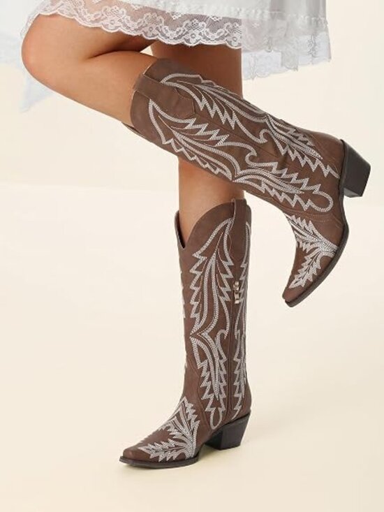 branded Shoes - Mid Calf Western Cowgirl Boots for Women 15” Shaft Snip Toe | Embroidered, 2” Ch